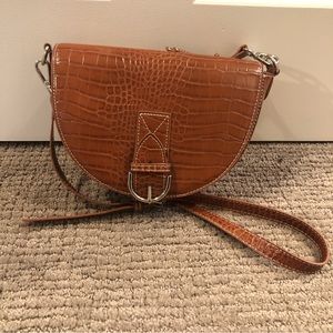 Brown Faux Croc Leather Buckle Crossbody Bag